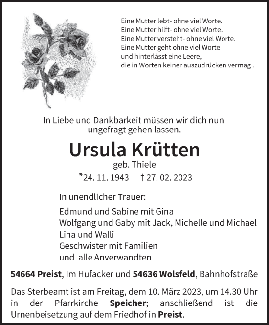 Traueranzeige von Ursula Krütten von trierischer_volksfreund