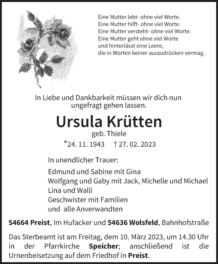  Traueranzeige für Ursula Krütten vom 04.03.2023 aus trierischer_volksfreund