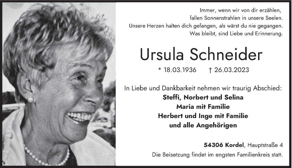  Traueranzeige für Ursula Schneider vom 30.03.2023 aus trierischer_volksfreund
