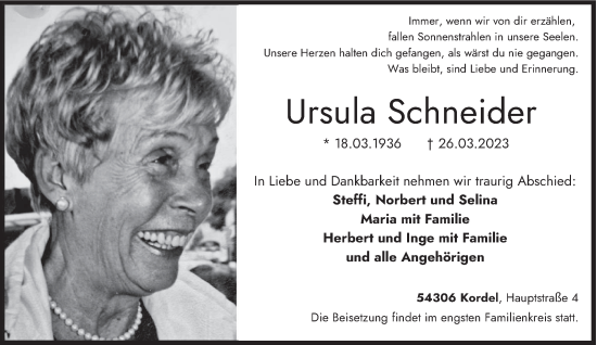 Traueranzeige von Ursula Schneider von trierischer_volksfreund