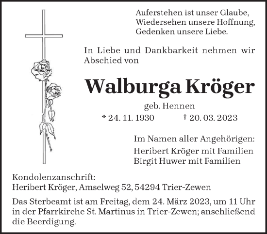 Traueranzeige von Walburga Kröger von trierischer_volksfreund