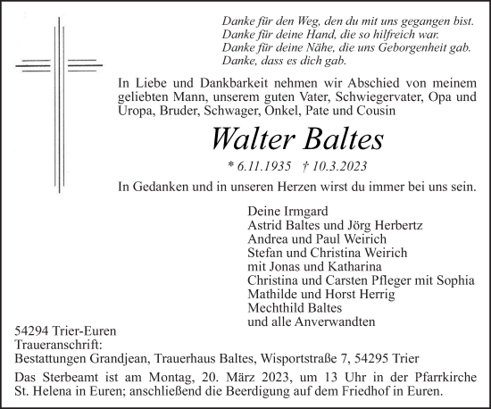 Traueranzeige von Walter Baltes von trierischer_volksfreund