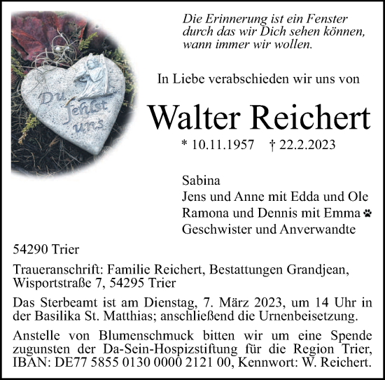 Traueranzeige von Walter Reichert von trierischer_volksfreund