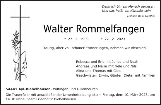 Traueranzeige von Walter Rommelfangen von trierischer_volksfreund