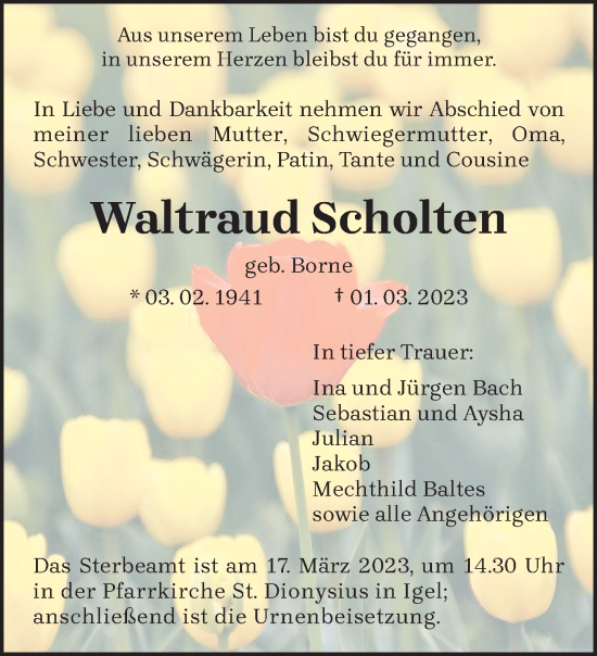 Traueranzeige von Waltraud Scholten von trierischer_volksfreund