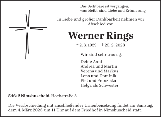 Traueranzeige von Werner Rings von trierischer_volksfreund