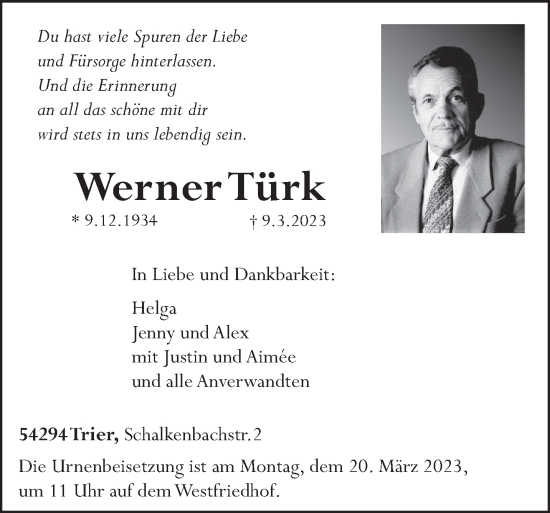Traueranzeige von Werner Türk von trierischer_volksfreund