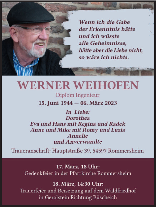 Traueranzeige von Werner Weihofen von trierischer_volksfreund