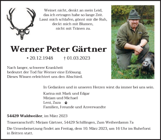 Traueranzeige von Werner Peter Gärtner von trierischer_volksfreund