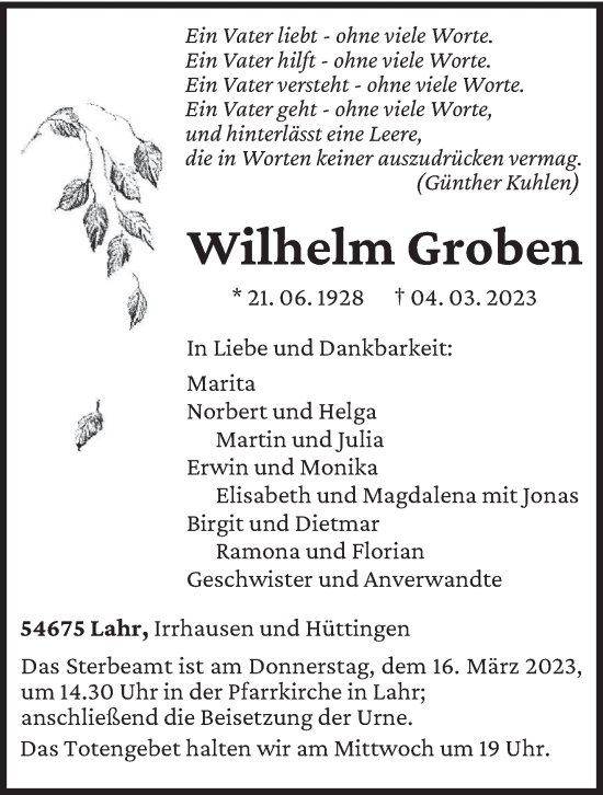 Traueranzeige von Wilhelm Groben von trierischer_volksfreund