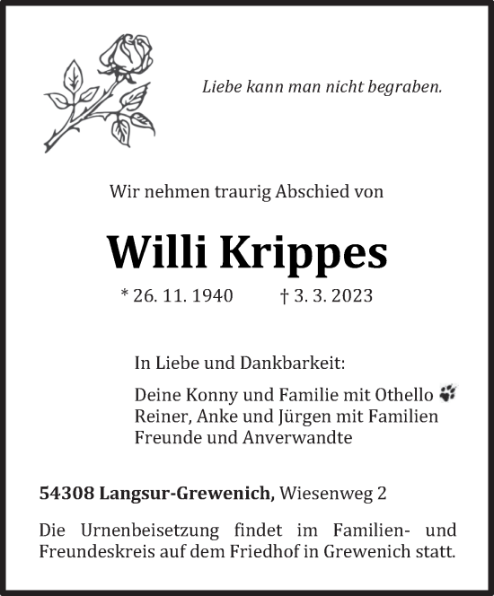 Traueranzeige von Willi Krippes von trierischer_volksfreund