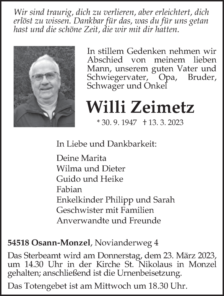  Traueranzeige für Willi Zeimetz vom 18.03.2023 aus trierischer_volksfreund