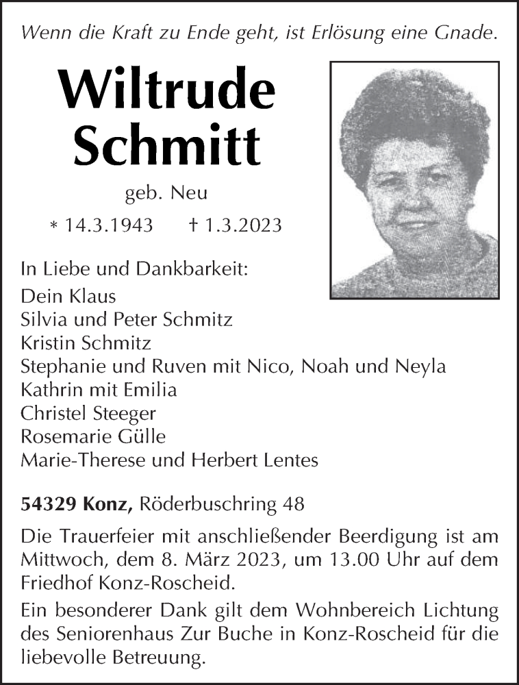  Traueranzeige für Wiltrude Schmitt vom 04.03.2023 aus trierischer_volksfreund