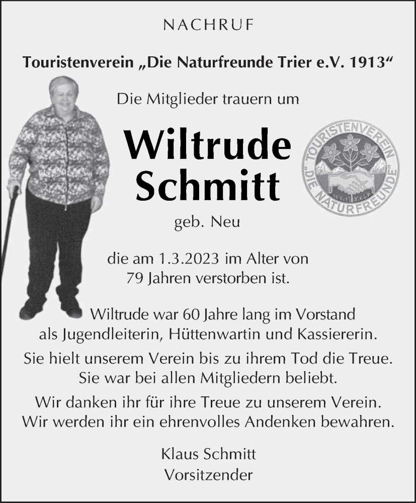  Traueranzeige für Wiltrude Schmitt vom 04.03.2023 aus trierischer_volksfreund