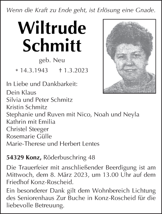 Traueranzeige von Wiltrude Schmitt von trierischer_volksfreund