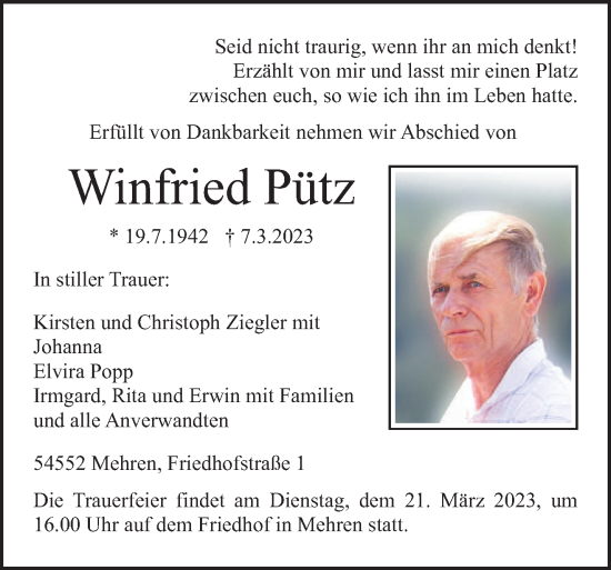 Traueranzeige von Winfried Pütz von trierischer_volksfreund