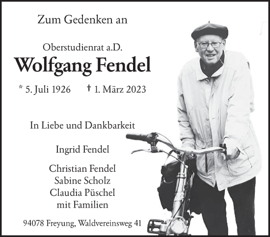 Traueranzeige von Wolfgang Fendel von trierischer_volksfreund