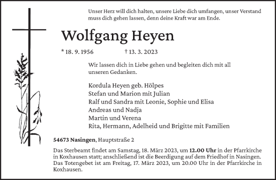 Traueranzeige von Wolfgang Heyen von trierischer_volksfreund