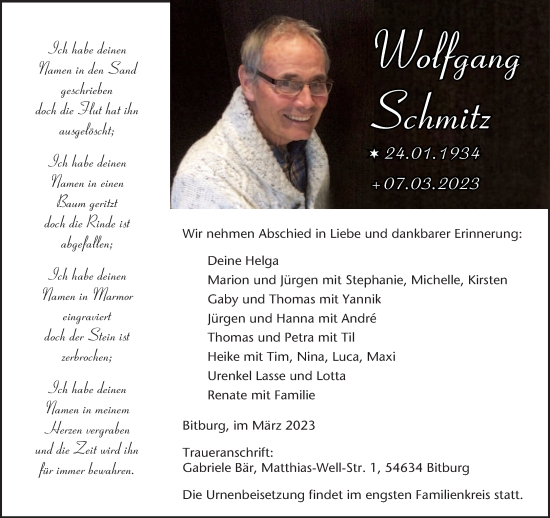 Traueranzeige von Wolfgang Schmitz von trierischer_volksfreund