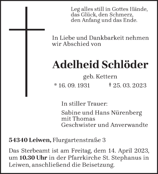 Traueranzeige von Adelheid Schlöder von trierischer_volksfreund