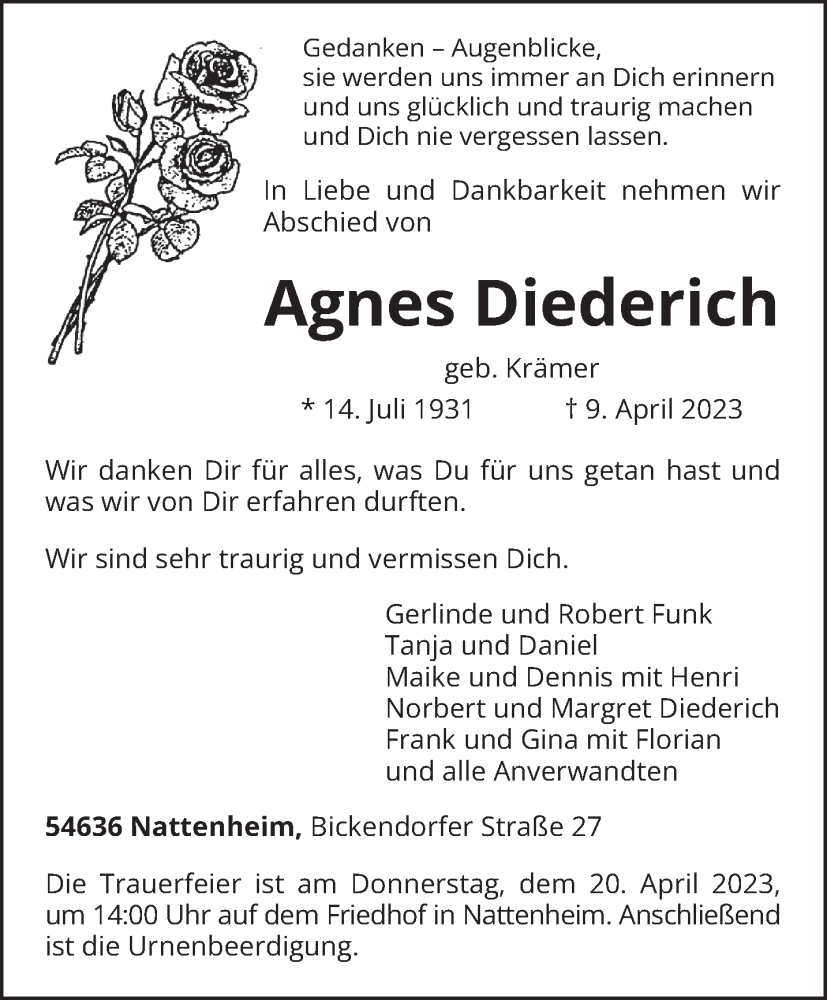  Traueranzeige für Agnes Diederich vom 15.04.2023 aus trierischer_volksfreund