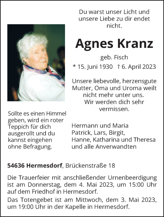 Traueranzeige von Agnes Kranz von trierischer_volksfreund