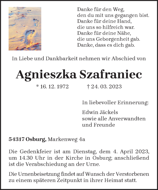 Traueranzeige von Agnieszka Szafraniec von trierischer_volksfreund