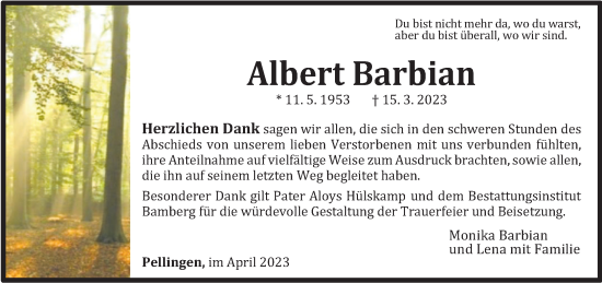 Traueranzeige von Albert Barbian von trierischer_volksfreund