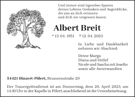 Traueranzeige von Albert Breit von trierischer_volksfreund