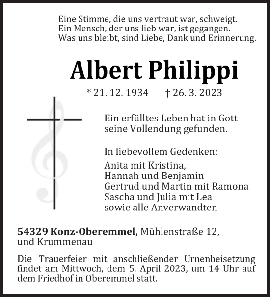 Traueranzeige von Albert Philippi von trierischer_volksfreund