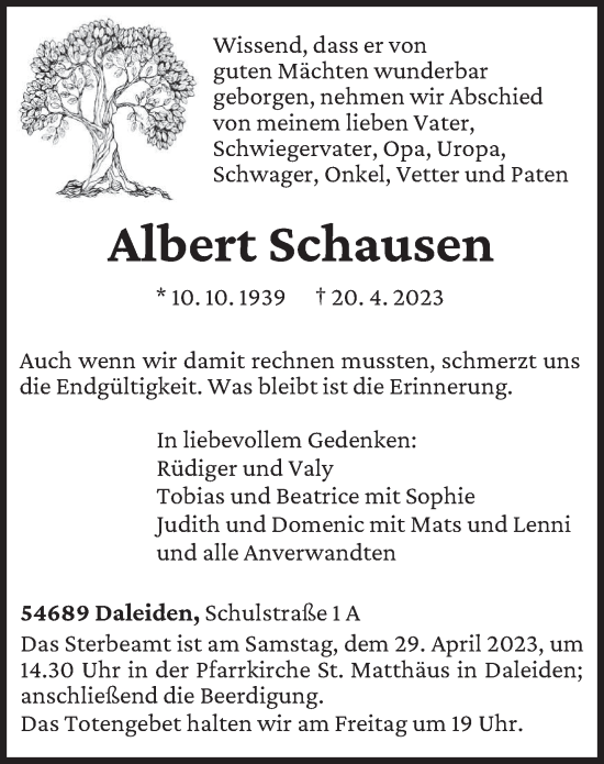 Traueranzeige von Albert Schausen von trierischer_volksfreund