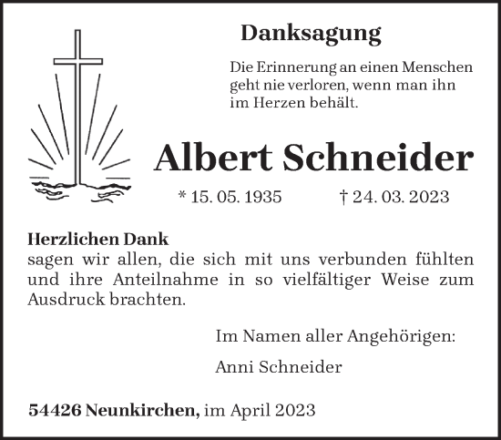 Traueranzeige von Albert Schneider von trierischer_volksfreund