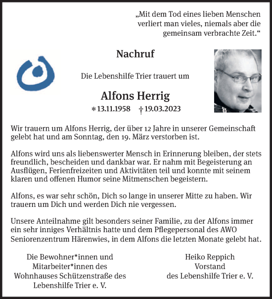 Traueranzeige von Alfons Herrig von trierischer_volksfreund