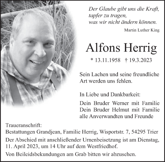 Traueranzeige von Alfons Herrig von trierischer_volksfreund