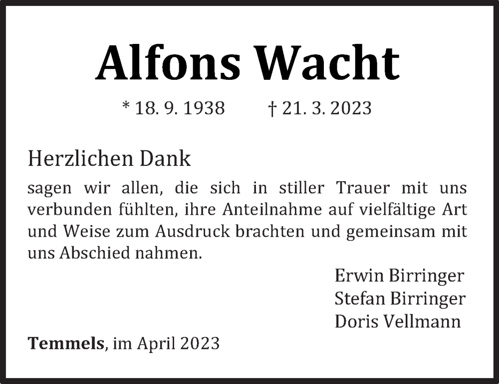  Traueranzeige für Alfons Wacht vom 15.04.2023 aus trierischer_volksfreund
