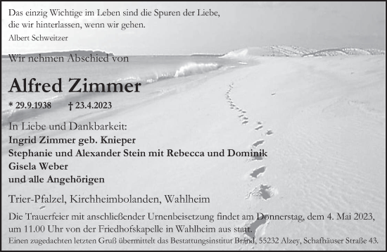 Traueranzeige von Alfred Zimmer von trierischer_volksfreund