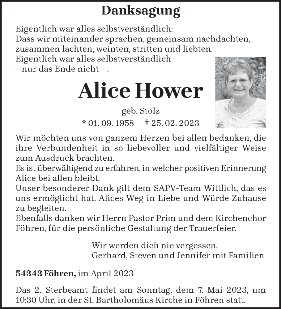  Traueranzeige für Alice Hower vom 29.04.2023 aus trierischer_volksfreund