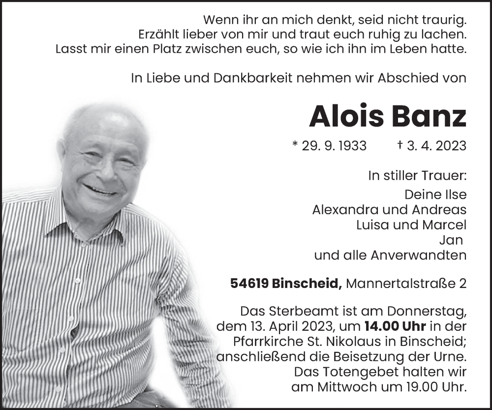  Traueranzeige für Alois Banz vom 08.04.2023 aus trierischer_volksfreund