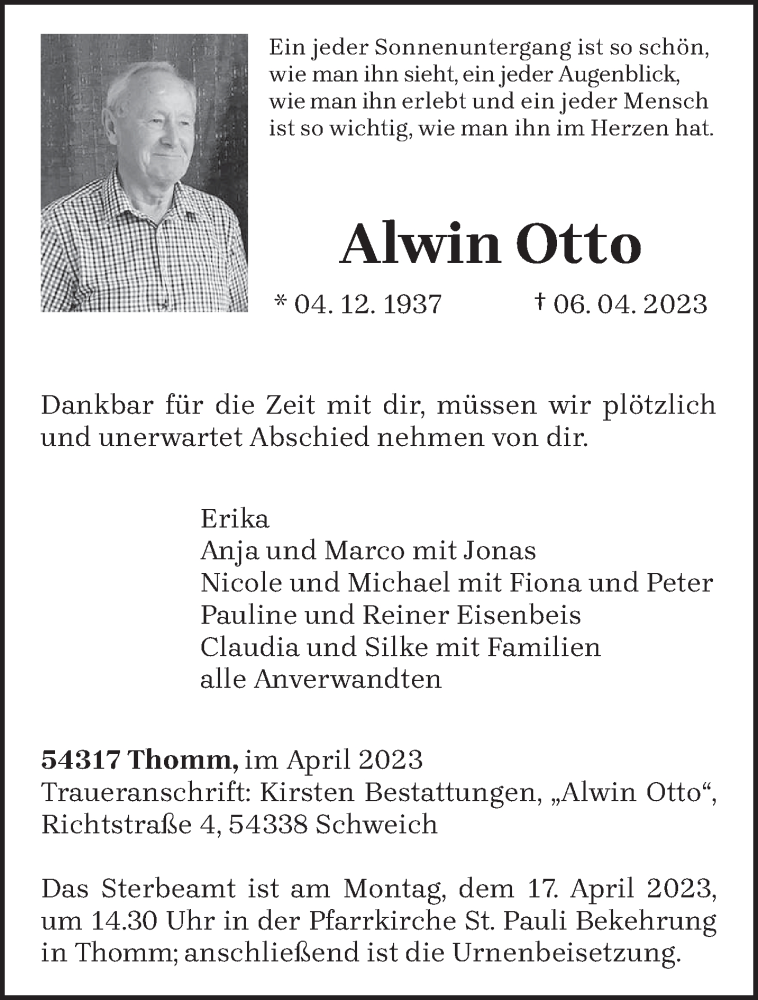  Traueranzeige für Alwin Otto vom 12.04.2023 aus trierischer_volksfreund
