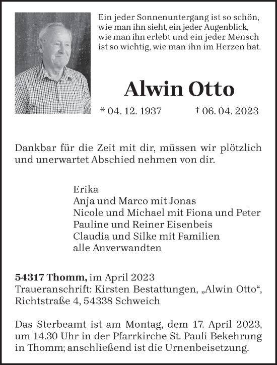 Traueranzeige von Alwin Otto von trierischer_volksfreund