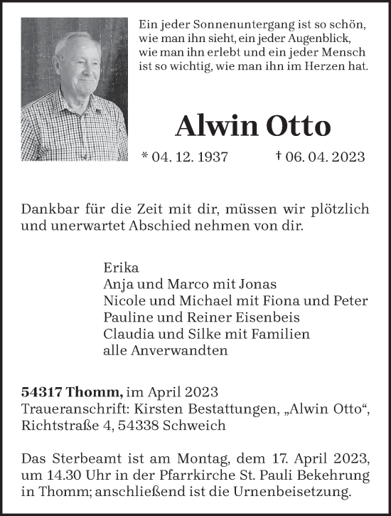 Traueranzeigen Von Alwin Otto | Volksfreund.Trauer.de