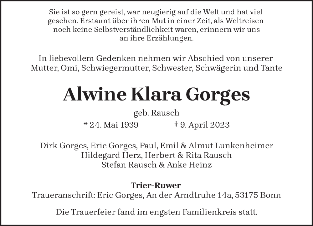  Traueranzeige für Alwine Klara Gorges vom 22.04.2023 aus trierischer_volksfreund