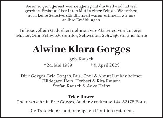 Traueranzeige von Alwine Klara Gorges von trierischer_volksfreund