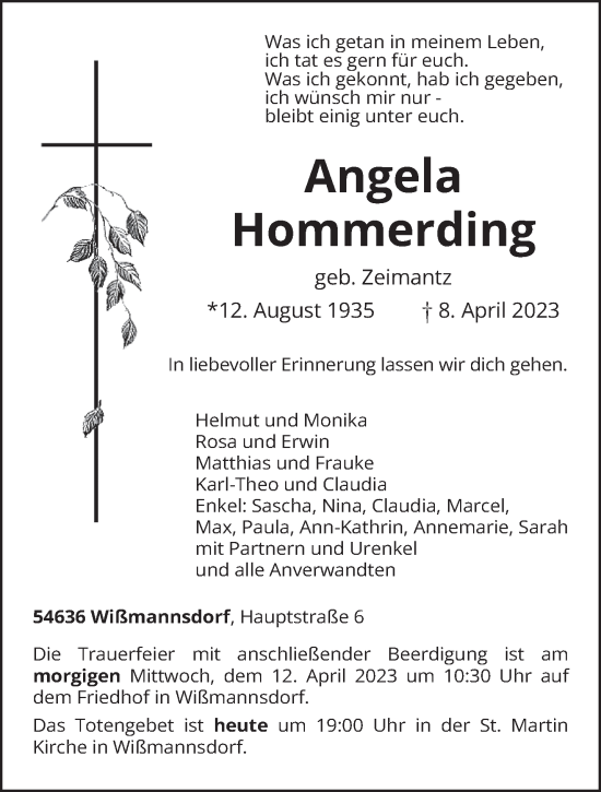 Traueranzeige von Angela Hommerding von trierischer_volksfreund