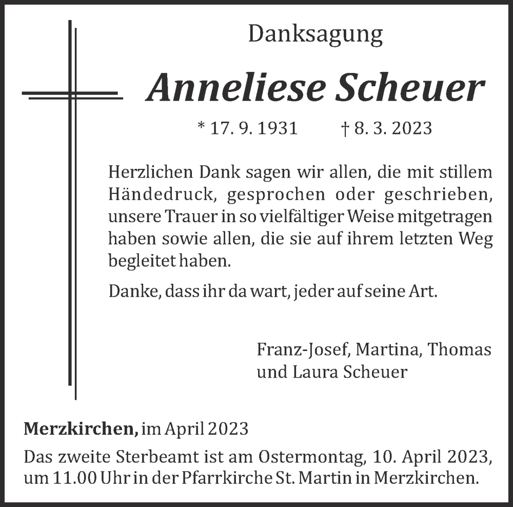  Traueranzeige für Anneliese Scheuer vom 06.04.2023 aus trierischer_volksfreund