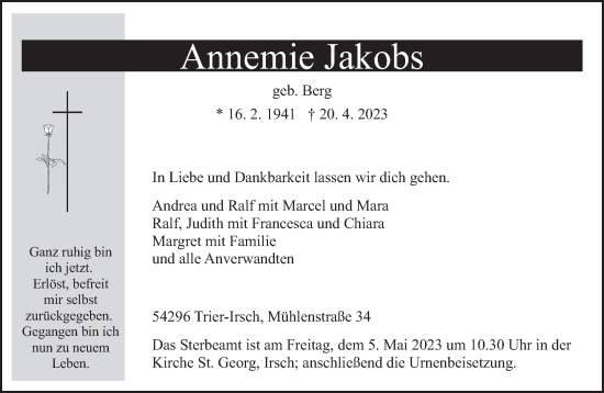 Traueranzeige von Annemie Jakobs von trierischer_volksfreund