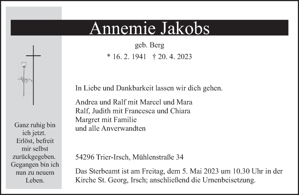  Traueranzeige für Annemie Jakobs vom 29.04.2023 aus trierischer_volksfreund