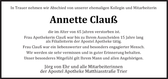 Traueranzeige von Annette Clauß von trierischer_volksfreund
