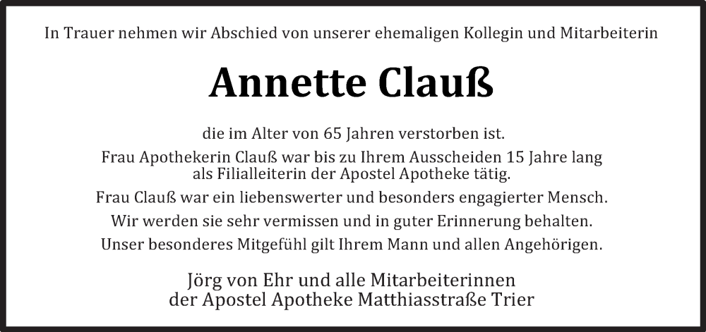  Traueranzeige für Annette Clauß vom 15.04.2023 aus trierischer_volksfreund