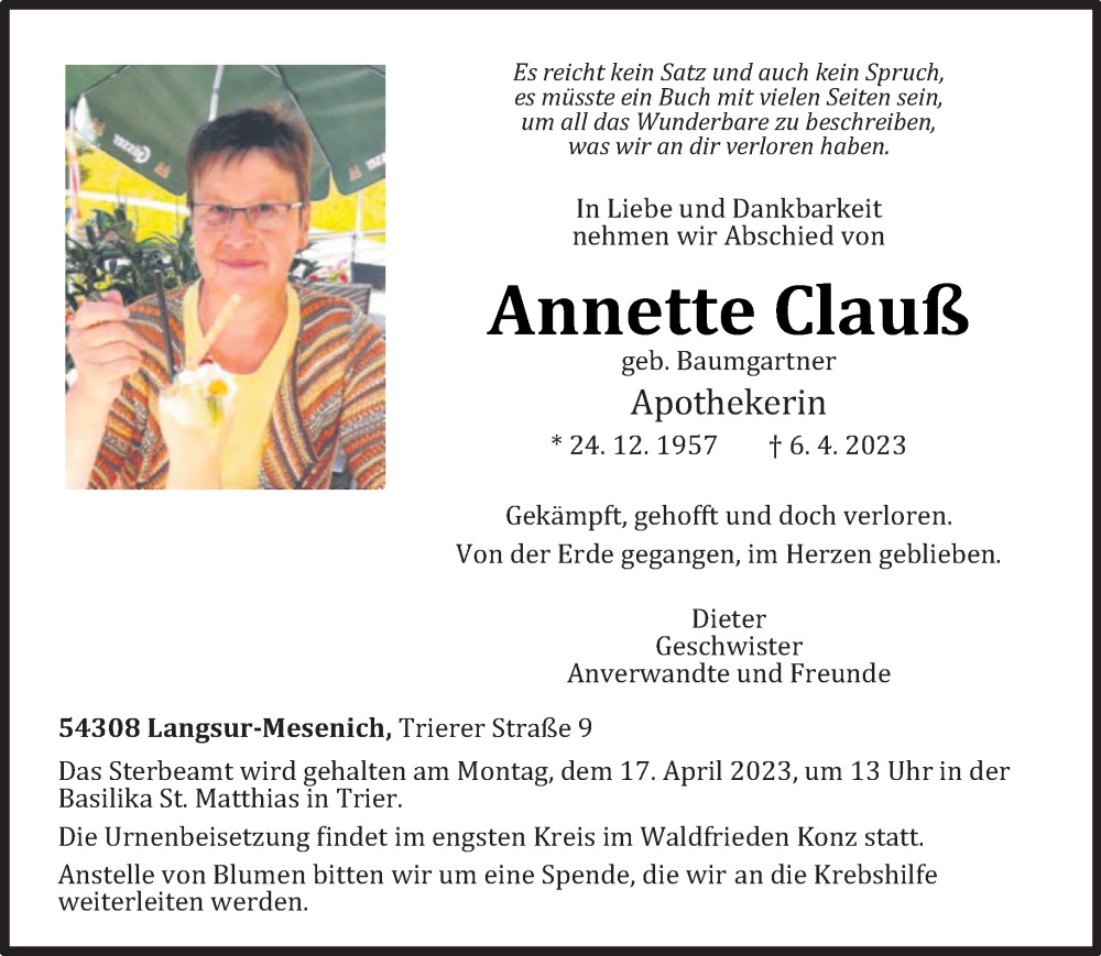  Traueranzeige für Annette Clauß vom 15.04.2023 aus trierischer_volksfreund
